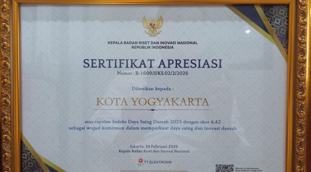 Peringkat Kedua Nasional Indeks Daya Saing, Pemkot Jogja Dapat Penghargaan dari BRIN